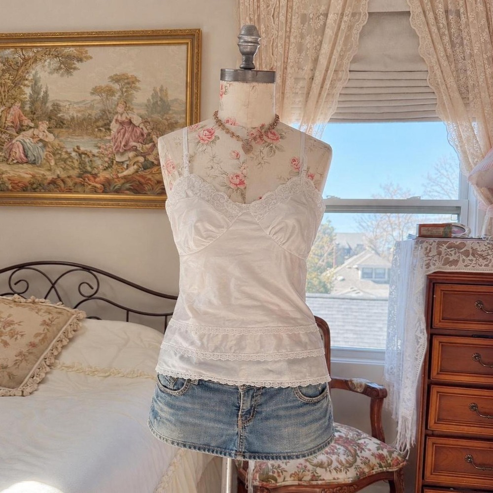 White Lace Cami Top  90s white lace trim cami top